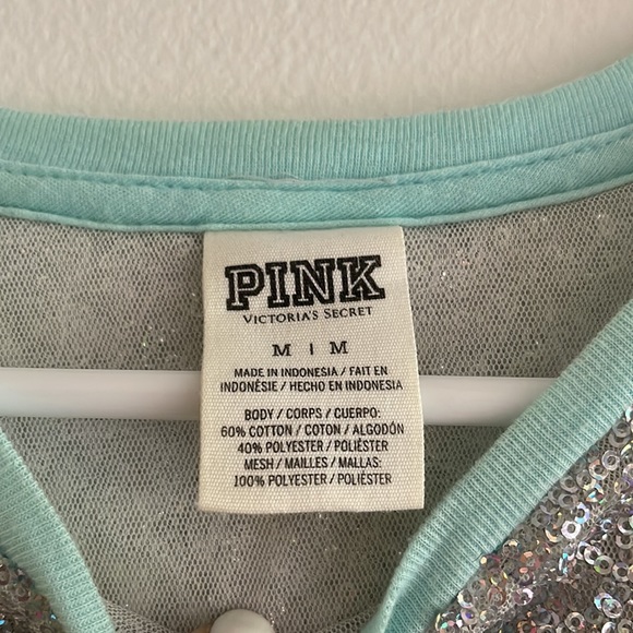 VS PINK | Women’s Aqua Iridescent Sequin Short Sleeve Distressed Logo Top Size M - Picture 5 of 7